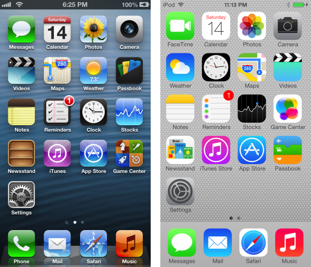 iOS 6 à gauche, iOS 7 à droite. Une décennie plus tard, Apple a conservé le design plat. // Source : Numerama iOS 6 à gauche, iOS 7 à droite. Une décennie plus tard, Apple a conservé le design plat. // Source : Numerama