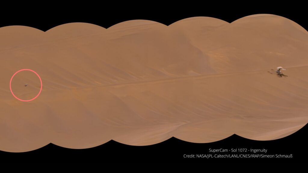 Mosaïque d'images retravaillées, montrant Ingenuity sur Mars. // Source : NASA/JPL-Caltech/LANL/CNES/IRAP/Simeon Schmauß (image recadrée et annotée) Mosaïque d'images retravaillées, montrant Ingenuity sur Mars. // Source : NASA/JPL-Caltech/LANL/CNES/IRAP/Simeon Schmauß (image recadrée et annotée)
