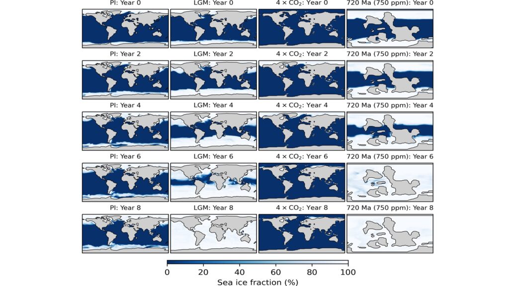 Représentation de la glaciation selon les périodes. Le XIXè siècle à gauche, le Néoprotérozoïque à droite. Source : étude Représentation de la glaciation selon les périodes. Le XIXè siècle à gauche, le Néoprotérozoïque à droite. Source : étude