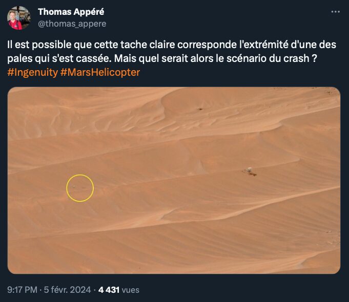 Un indice sur la manière dont Ingenuity a cassé ses pales ? // Source : Via X @thomas_appere Un indice sur la manière dont Ingenuity a cassé ses pales ? // Source : Via X @thomas_appere