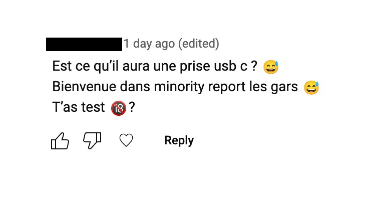 Exemple d'un commentaire YouTube laissé sous le test de l'Apple Vision Pro chez Numerama. Exemple d'un commentaire YouTube laissé sous le test de l'Apple Vision Pro chez Numerama.