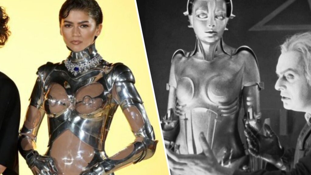 La combinaison de Zendaya est inspirée par l'androïde du film Metropolis (1927) à droite. // Source : Warner Bros. UK (photo de Zendaya) La combinaison de Zendaya est inspirée par l'androïde du film Metropolis (1927) à droite. // Source : Warner Bros. UK (photo de Zendaya)
