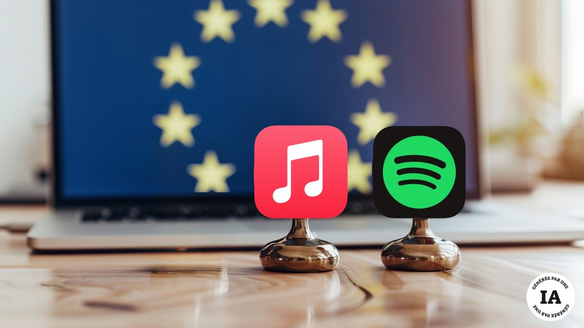 Les logos d'Apple Music et de Spotify devant un drapeau européen. // Source : Numerama, avec Midjourney Les logos d'Apple Music et de Spotify devant un drapeau européen. // Source : Numerama, avec Midjourney