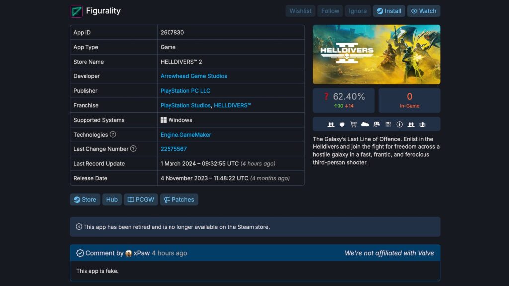 L'un des faux jeux Helldivers 2 // Source : SteamDB L'un des faux jeux Helldivers 2 // Source : SteamDB