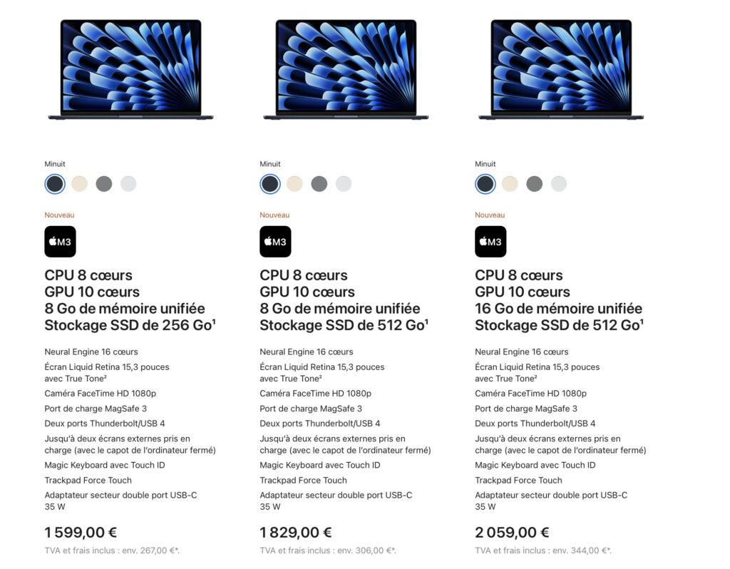 Les configurations du MacBook Air 15 pouces. Les configurations du MacBook Air 15 pouces.