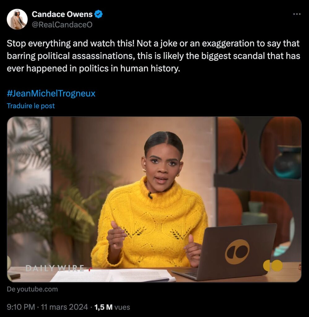 Le message de Candace Owens sur X a été vu plus de 1,5 millions de fois // Source : Capture d'écran Numerama Le message de Candace Owens sur X a été vu plus de 1,5 millions de fois // Source : Capture d'écran Numerama