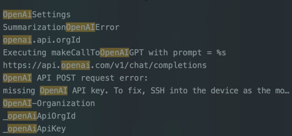 Extrait du code d'iOS 17.4, qui fait référence aux API d'OpenAI. Extrait du code d'iOS 17.4, qui fait référence aux API d'OpenAI.