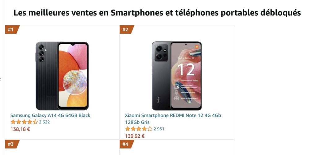 Sur Amazon, le Smasung Galaxy A14 est le smartphone le plus populaire. Sur Amazon, le Smasung Galaxy A14 est le smartphone le plus populaire.