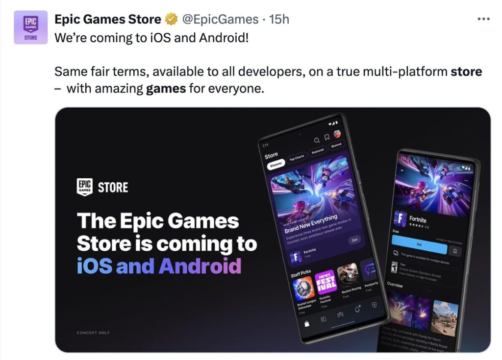 L'annonce de l'Epic Games Store mobile sur Twitter. L'annonce de l'Epic Games Store mobile sur Twitter.