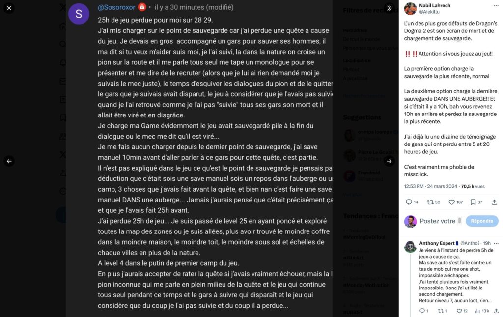 Un joueur de Dragon's Dogma 2 qui a perdu des heures et des heures à cause des sauvegardes // Source : Twitter Un joueur de Dragon's Dogma 2 qui a perdu des heures et des heures à cause des sauvegardes // Source : Twitter