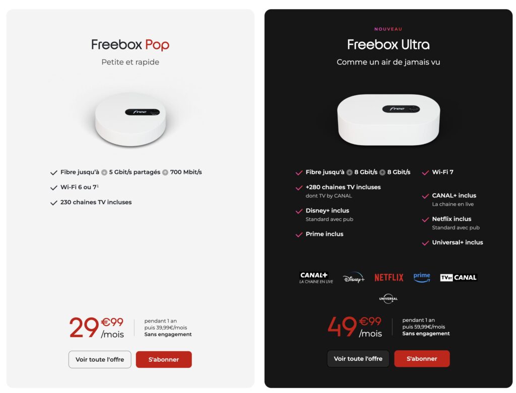 Les deux Freebox mis en avant sur le site de Free disposent du Wi-Fi 7. Les deux Freebox mis en avant sur le site de Free disposent du Wi-Fi 7.