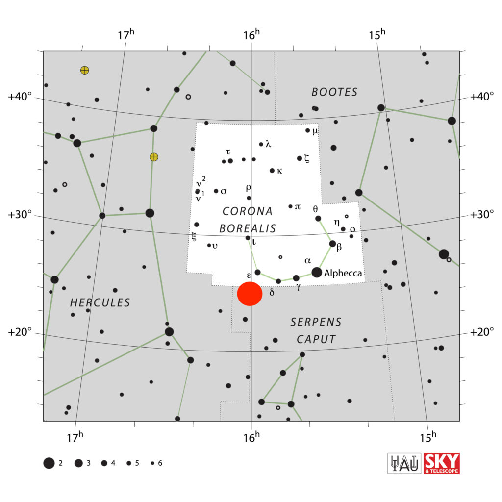 Carte de la constellation Corona Borealis. // Source : Wikimedia/CC/IAU (annotation Numerama) Carte de la constellation Corona Borealis. // Source : Wikimedia/CC/IAU (annotation Numerama)