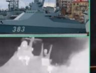 Un navire de guerre russe attaqué par des drones ukrainiens. // Source : Ministère de la défense ukrainienne