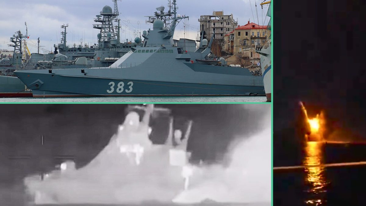 Un navire de guerre russe attaqué par des drones ukrainiens. // Source : Ministère de la défense ukrainienne Un navire de guerre russe attaqué par des drones ukrainiens. // Source : Ministère de la défense ukrainienne