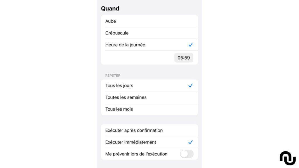 Régler l'automatisation d'un raccourci Régler l'automatisation d'un raccourci