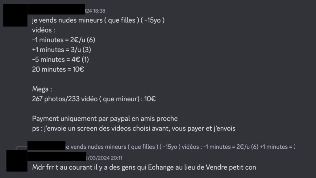 Un vendeur propose des vidéos pédopornographiques sur un serveur Discord // Source : Capture d'écran Numerama Un vendeur propose des vidéos pédopornographiques sur un serveur Discord // Source : Capture d'écran Numerama