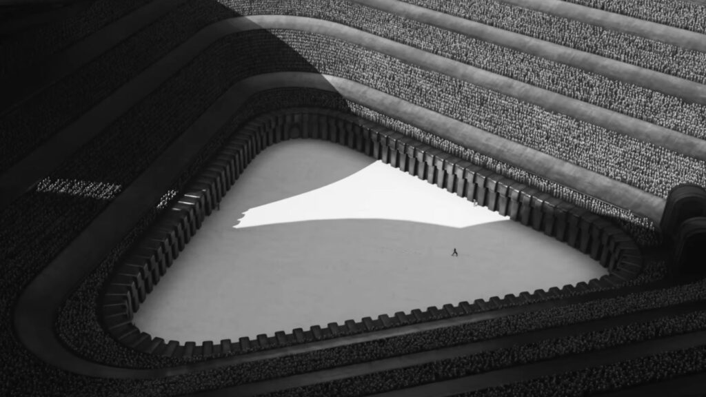 Dans Dune 2, le monde des Harkonnen est dans un noir et blanc bien particulier. // Source : Warner Dans Dune 2, le monde des Harkonnen est dans un noir et blanc bien particulier. // Source : Warner