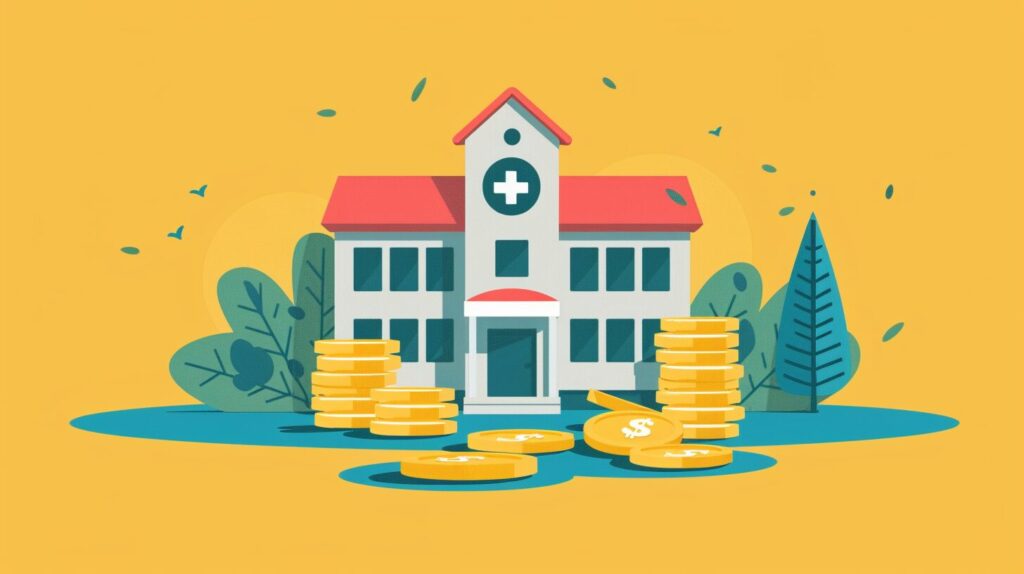 numerama_minimalist_illustration_of_an_hospital_and_coins_–a_a4b18eb3-5300-4991-a050-546b7cf605cf_3