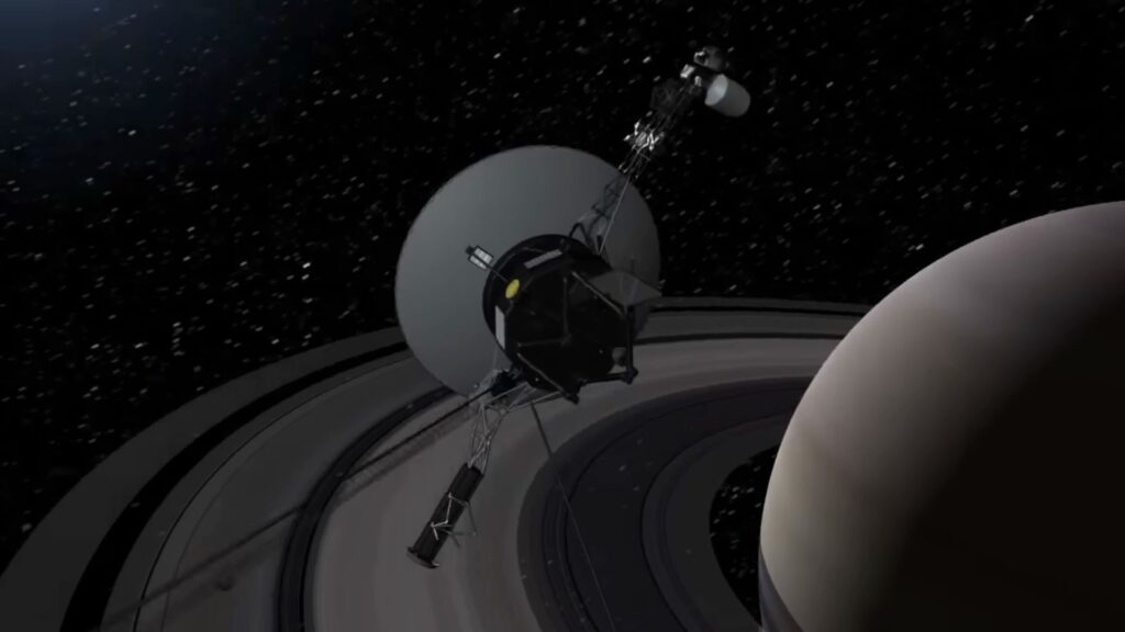 Vue d'artiste d'une sonde Voyager proche de Saturne. // Source : Capture YouTube Nasa JPL Vue d'artiste d'une sonde Voyager proche de Saturne. // Source : Capture YouTube Nasa JPL