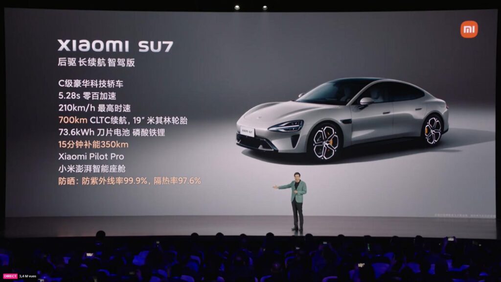 Version d'entrée de gamme de la SU7 // Source : Live Xiaomi Version d'entrée de gamme de la SU7 // Source : Live Xiaomi