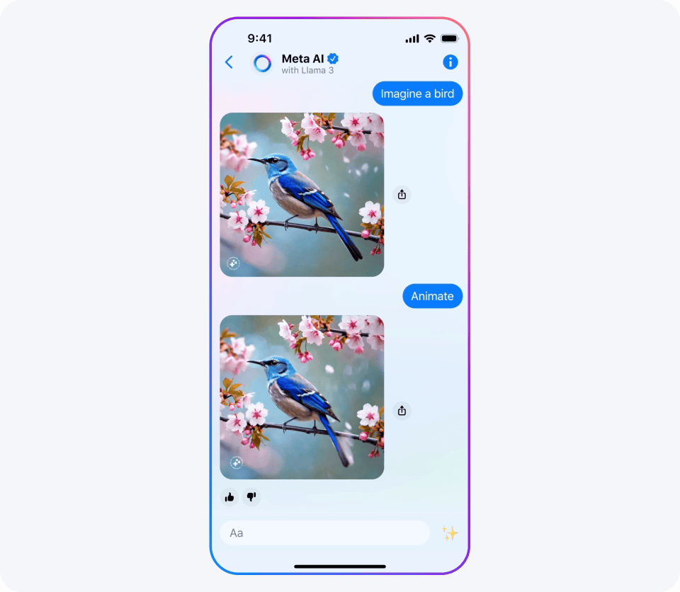 Meta AI peut générer des images animées, comme des GIF. Meta AI peut générer des images animées, comme des GIF.