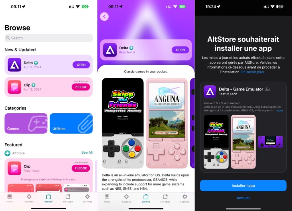 L'interface de l'AltStore, avec l'installation d'une application qui passe une nouvelle fois par l'interface de validation d'Apple. L'interface de l'AltStore, avec l'installation d'une application qui passe une nouvelle fois par l'interface de validation d'Apple.