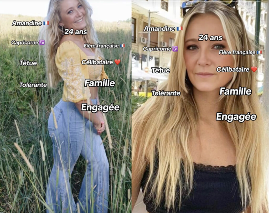 Extrait des TikToks de la fausse "Amandine Le Pen" // Source : Capture TikTok Extrait des TikToks de la fausse "Amandine Le Pen" // Source : Capture TikTok