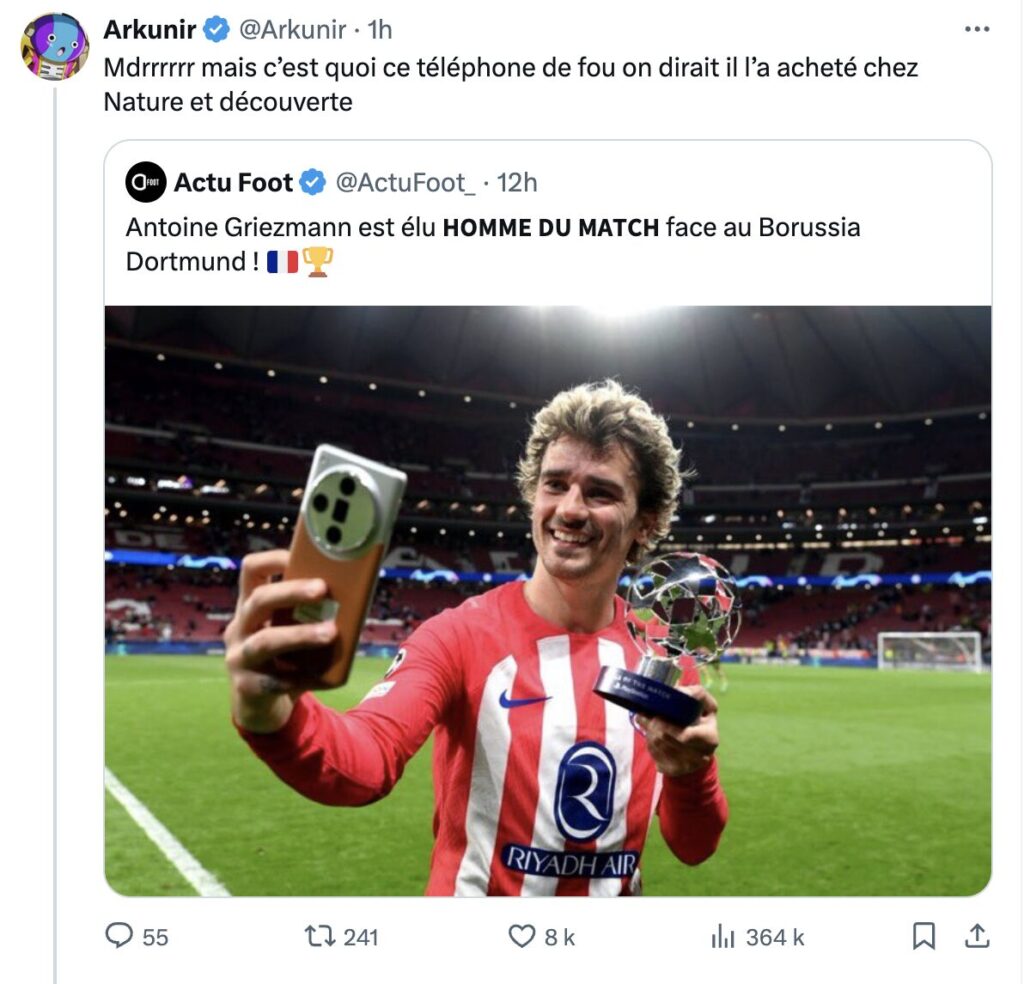 Arkunir, suivi par 1 million de personnes, se demande aussi quel est le smartphone d'Antoine Griezmann. Arkunir, suivi par 1 million de personnes, se demande aussi quel est le smartphone d'Antoine Griezmann.