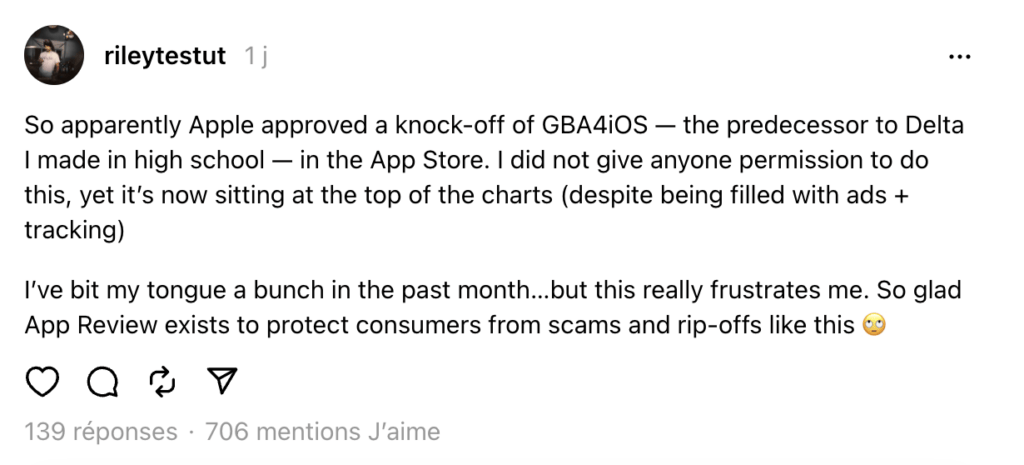 Le créateur de GBA4iOS n'en veut pas au copieur, qui est juste opportuniste, mais à Apple. Le créateur de GBA4iOS n'en veut pas au copieur, qui est juste opportuniste, mais à Apple.