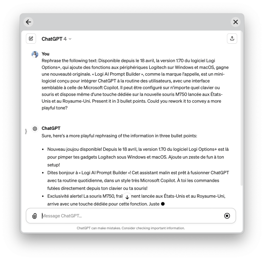 Le logiciel de Logitech ouvre la version web de ChatGPT. Le logiciel de Logitech ouvre la version web de ChatGPT.