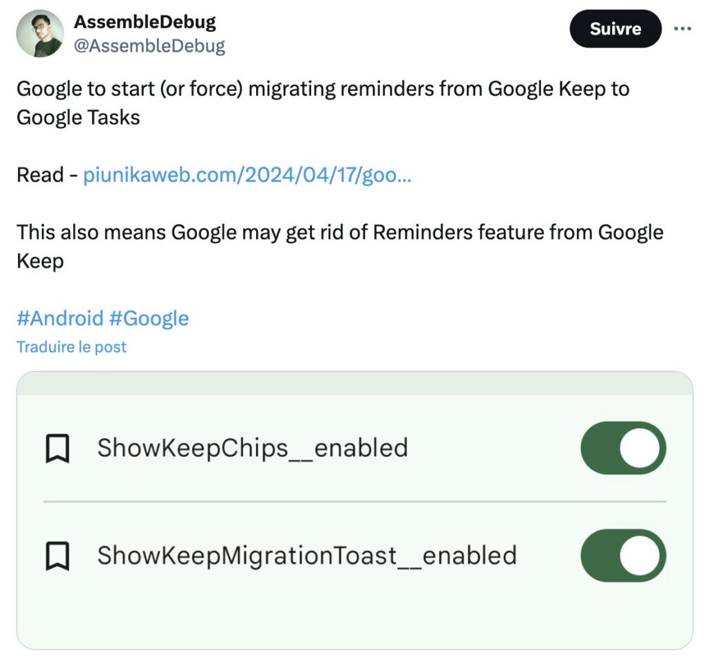 AssembleDebug a trouvé un moyen d'activer la migration Keep/Tasks. AssembleDebug a trouvé un moyen d'activer la migration Keep/Tasks.