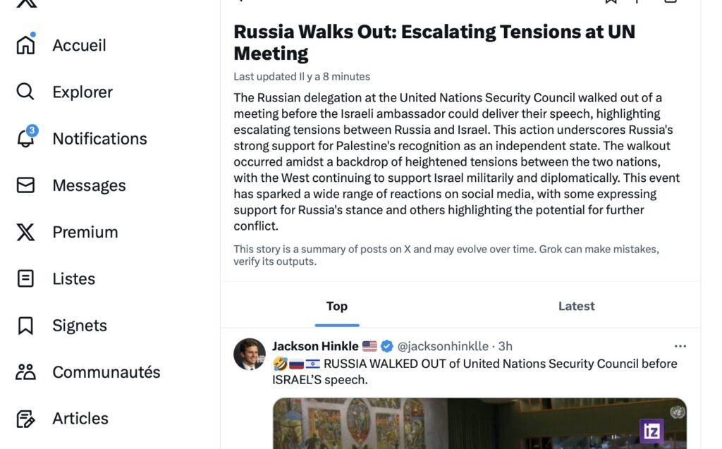 En se basant sur des tweets, Grok voit ici que les utilisateurs soutiennent la Russie pour son opposition à Israel. En se basant sur des tweets, Grok voit ici que les utilisateurs soutiennent la Russie pour son opposition à Israel.