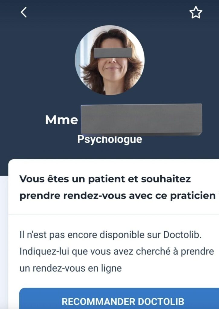 Un exemple d'une praticienne qui ne s'est pas inscrite sur Doctolib // Source : Twitter/Unreadu93 Un exemple d'une praticienne qui ne s'est pas inscrite sur Doctolib // Source : Twitter/Unreadu93