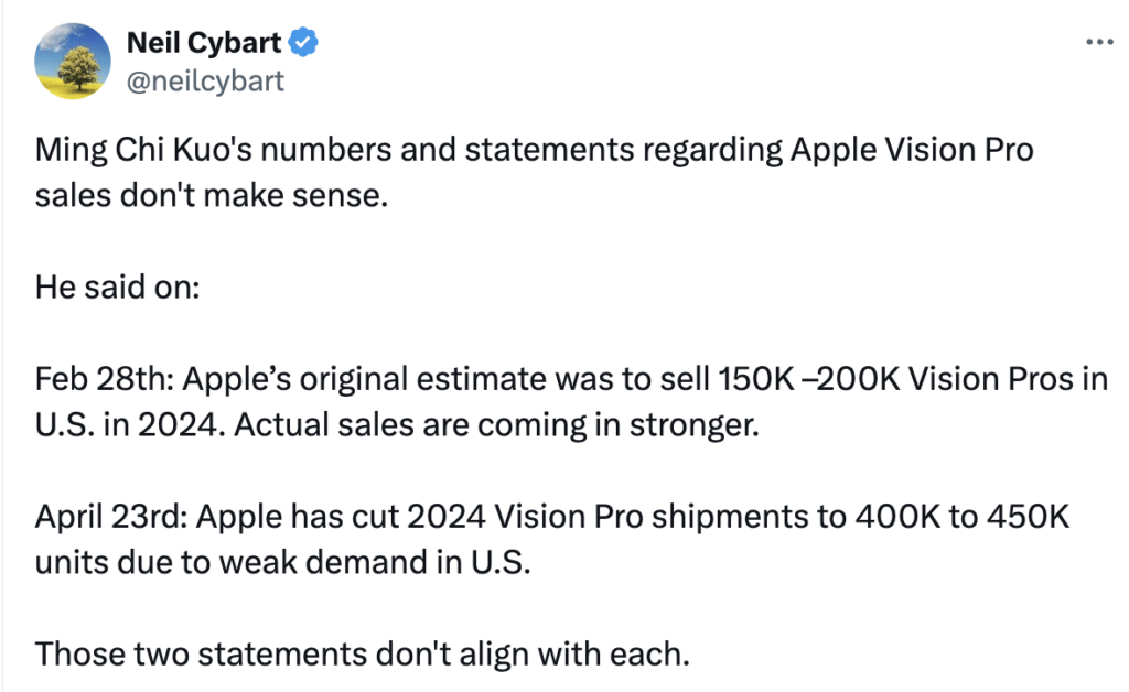 Dans un tweet long, Neil Cybart contredit les arguments de Kuo. Il pense qu'il se trompe. Dans un tweet long, Neil Cybart contredit les arguments de Kuo. Il pense qu'il se trompe.