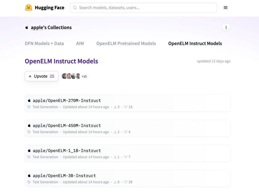 Les quatre versions d'OpenELM sur HuggingFace. Les quatre versions d'OpenELM sur HuggingFace.