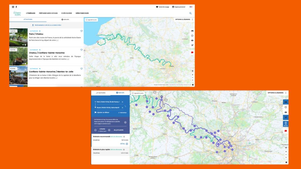 À gauche, exemple d'étapes et découpage proposé. À droite, création d'un itinéraire avec plusieurs étapes et affichage des points d'intérêt (dormir et manger) À gauche, exemple d'étapes et découpage proposé. À droite, création d'un itinéraire avec plusieurs étapes et affichage des points d'intérêt (dormir et manger)
