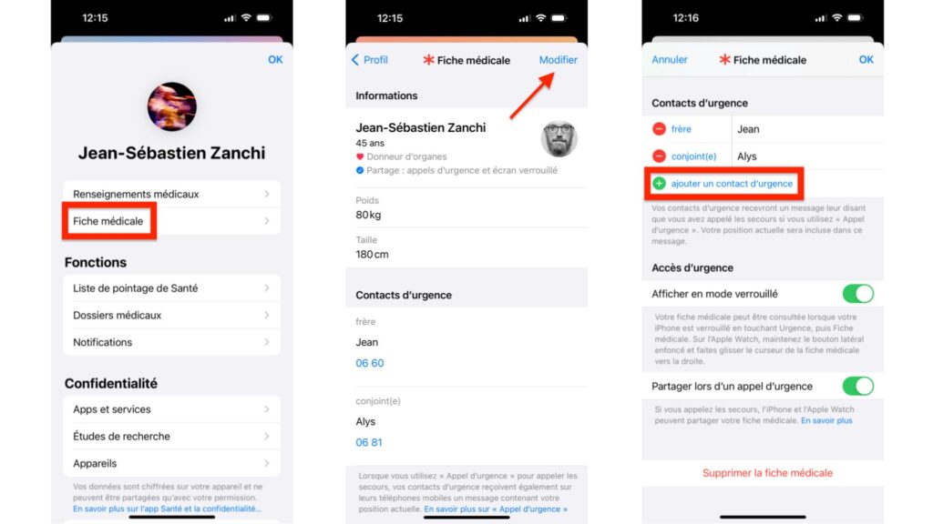 Configurer un contact d'urgence sur iOS.
