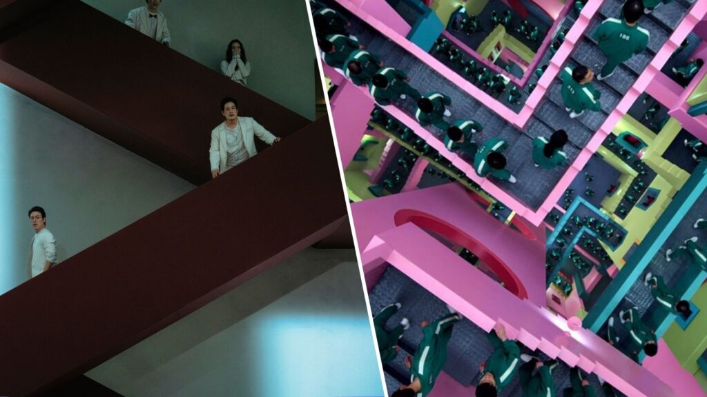 À gauche, les escaliers de The 8 Show, à droite ceux de Squid Game // Source : Montage Numerama À gauche, les escaliers de The 8 Show, à droite ceux de Squid Game // Source : Montage Numerama