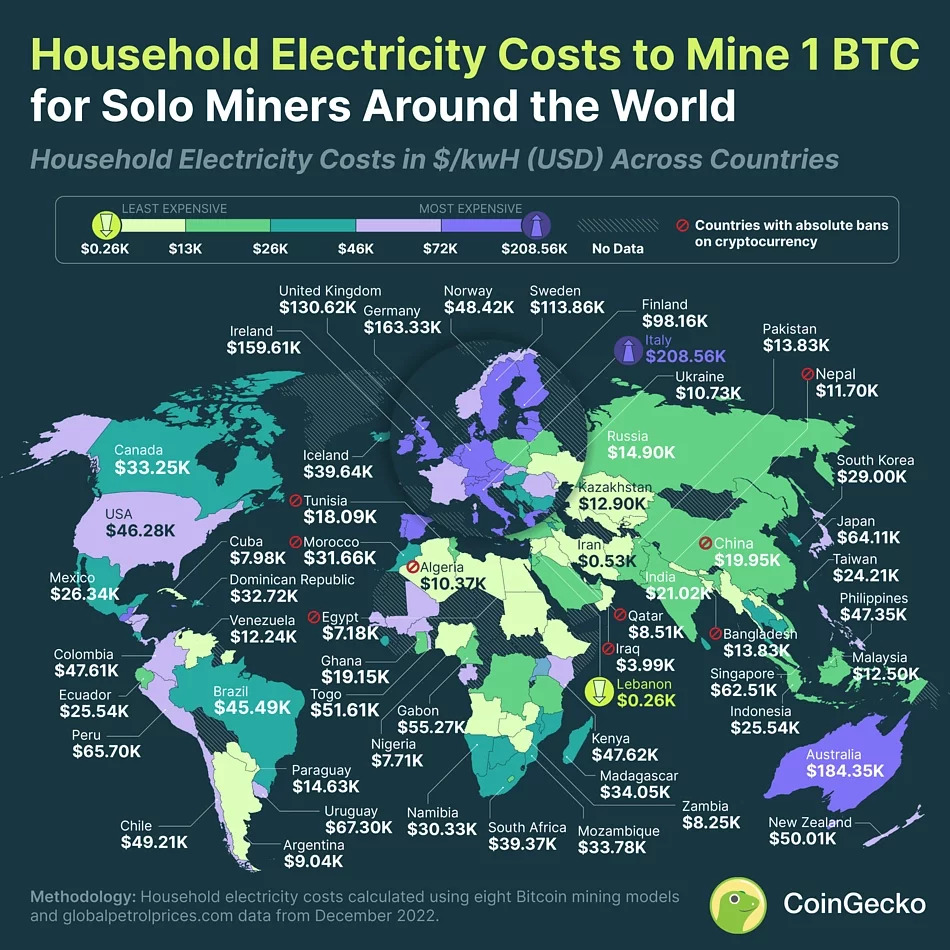 Carte du prix de production d'un bitcoin selon les pays. Carte du prix de production d'un bitcoin selon les pays.