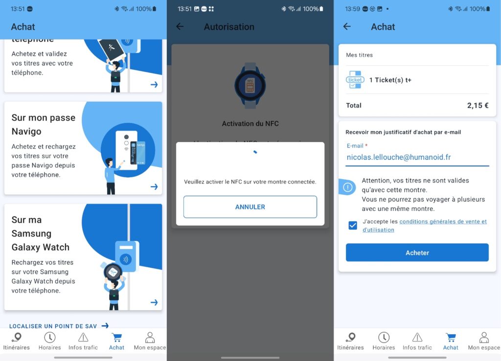 Pour acheter des tickets sur Galaxy Watch, il faut passer par un smartphone. Pour acheter des tickets sur Galaxy Watch, il faut passer par un smartphone.