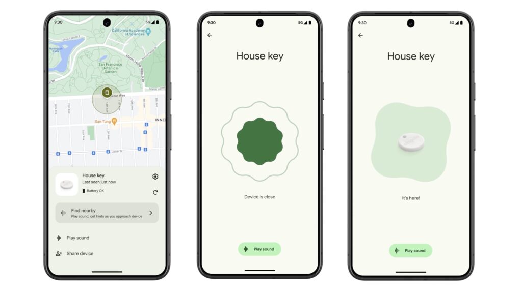 Captures d'écran de l'appli Google Find My, qui permet de localiser un appareil ou un objet. Captures d'écran de l'appli Google Find My, qui permet de localiser un appareil ou un objet.