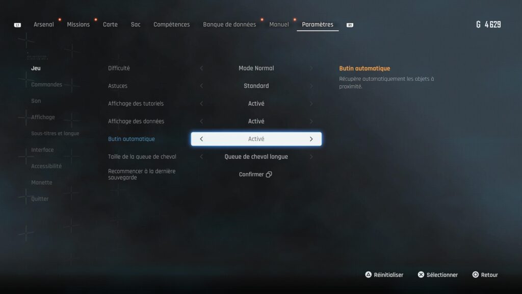 Option de butin automatique dans Stellar Blade // Source : Capture PS5 Option de butin automatique dans Stellar Blade // Source : Capture PS5