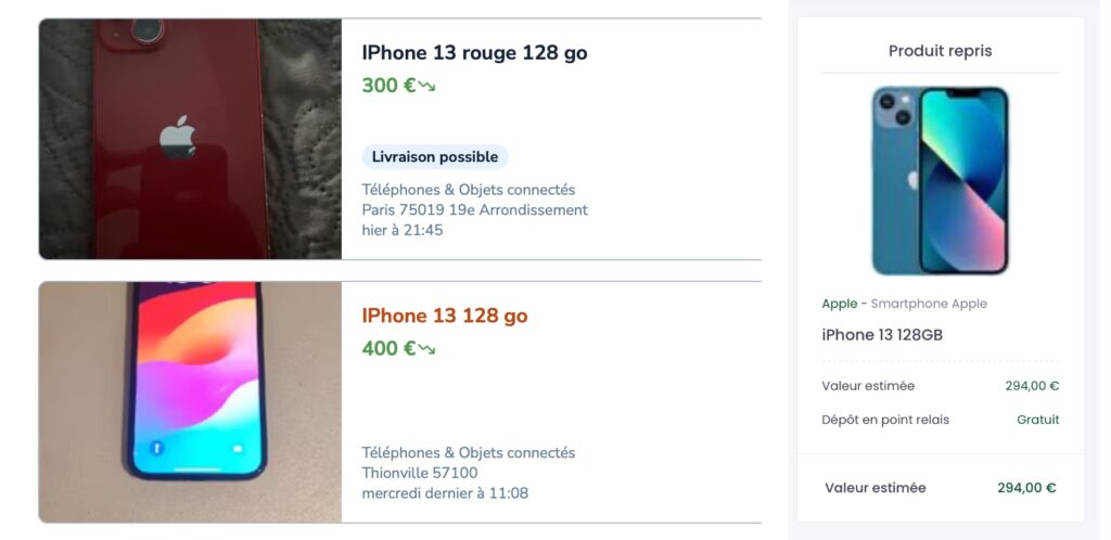 À gauche, des valeurs de reprise Leboncoin. À droite, sur eBay reprise. À gauche, des valeurs de reprise Leboncoin. À droite, sur eBay reprise.