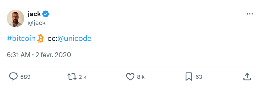 En 2020, Jack Dorsey avait créé un émoji Bitcoin pour Twitter, en réaction au refus d'Unicode. En 2020, Jack Dorsey avait créé un émoji Bitcoin pour Twitter, en réaction au refus d'Unicode.
