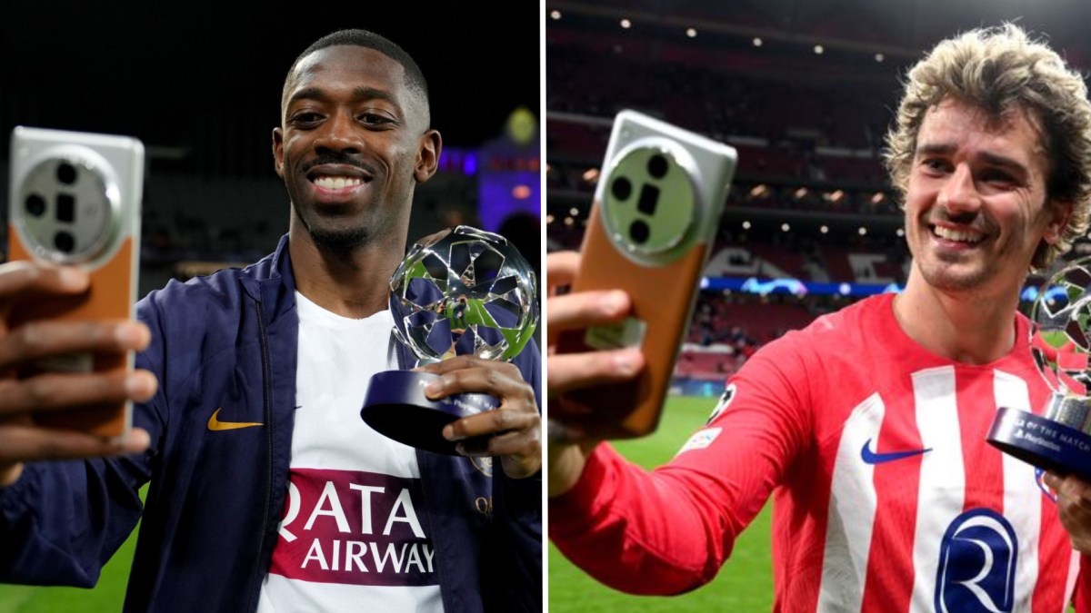 Ousmane Dembélé et Antoine Griezmann avec le mystérieux smartphone Oppo. // Source : UEFA / Montage Numerama Ousmane Dembélé et Antoine Griezmann avec le mystérieux smartphone Oppo. // Source : UEFA / Montage Numerama