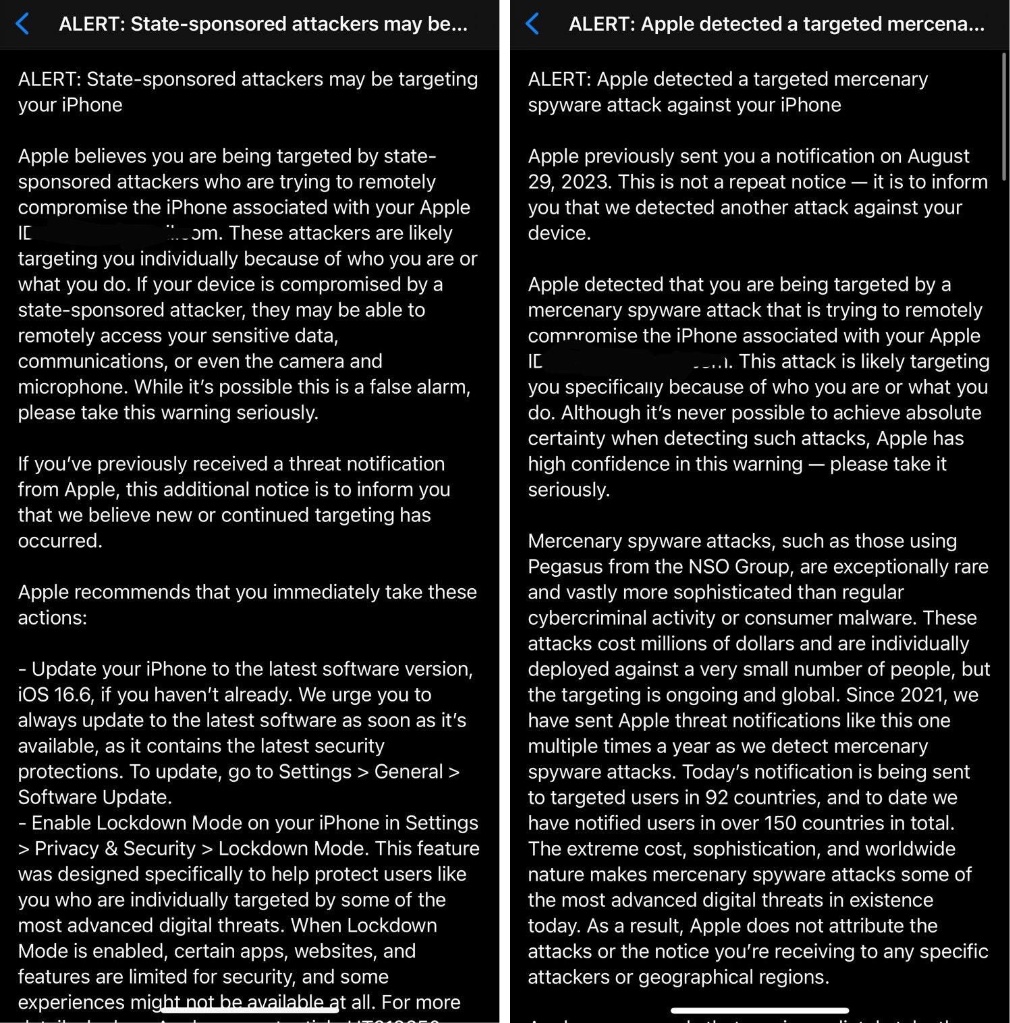 Deux des messages que peut envoyer Apple aux cibles de Pegasus. Deux des messages que peut envoyer Apple aux cibles de Pegasus.