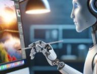 Un robot en train de modifier une image sur Photoshop. // Source : Numerama, avec Dall-E
