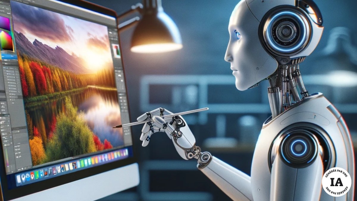 Un robot en train de modifier une image sur Photoshop. // Source : Numerama, avec Dall-E Un robot en train de modifier une image sur Photoshop. // Source : Numerama, avec Dall-E