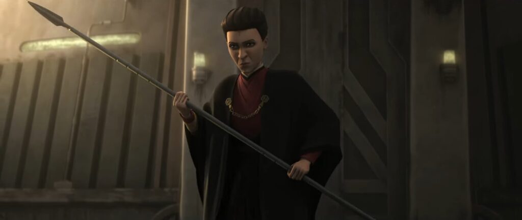 Morgan Elsbeth et sa lance en beskar // Source : Lucasfilm Morgan Elsbeth et sa lance en beskar // Source : Lucasfilm