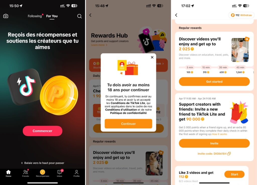 L'interface des récompenses de TikTok Lite. L'interface des récompenses de TikTok Lite.